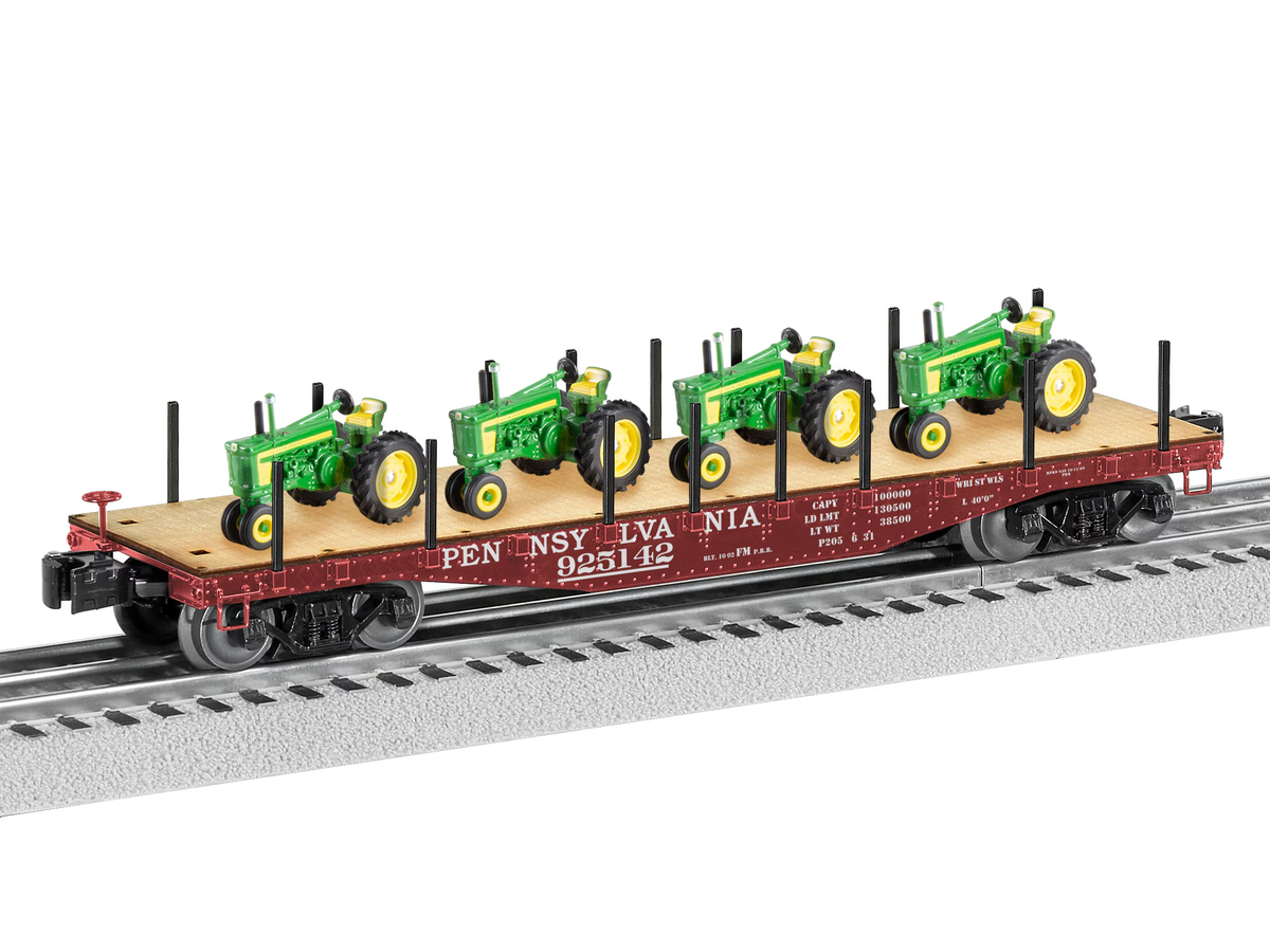 Lionel 2426150 O PRR 40' Flatcar with 3 John Deere Tractor Load