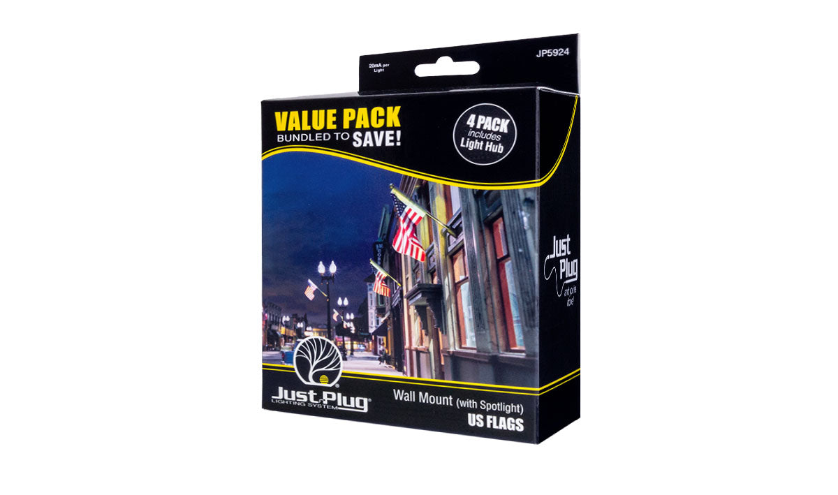 Woodland Scenics JP5924 US Flag Wall Mount with Spotlight Value Pack (Set of 4)