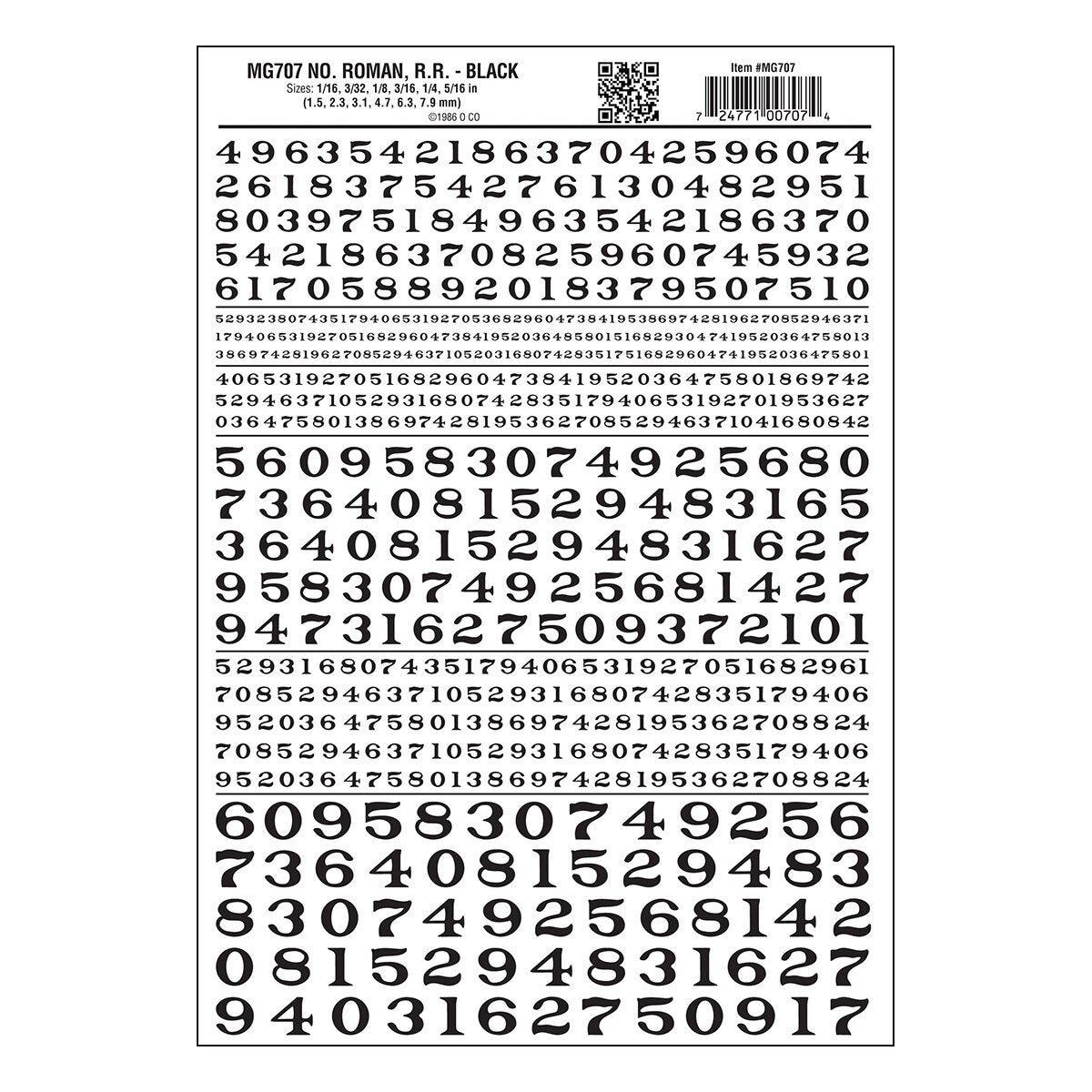 Woodland Scenics MG707 Black Roman Numbers Dry Transfer Decals