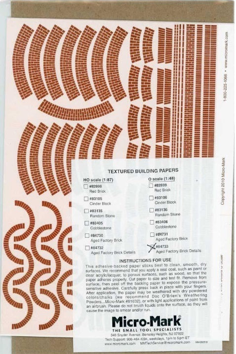 Micro-Mark 84733 HO Scale Aged Factory Brick Details Adhesive-Backed Paper