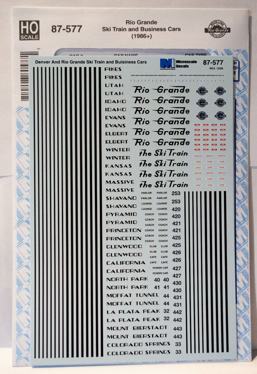 Microscale 87-577 HO Rio Grande Ski Train & Business Cars (1986+) Decal Sheet