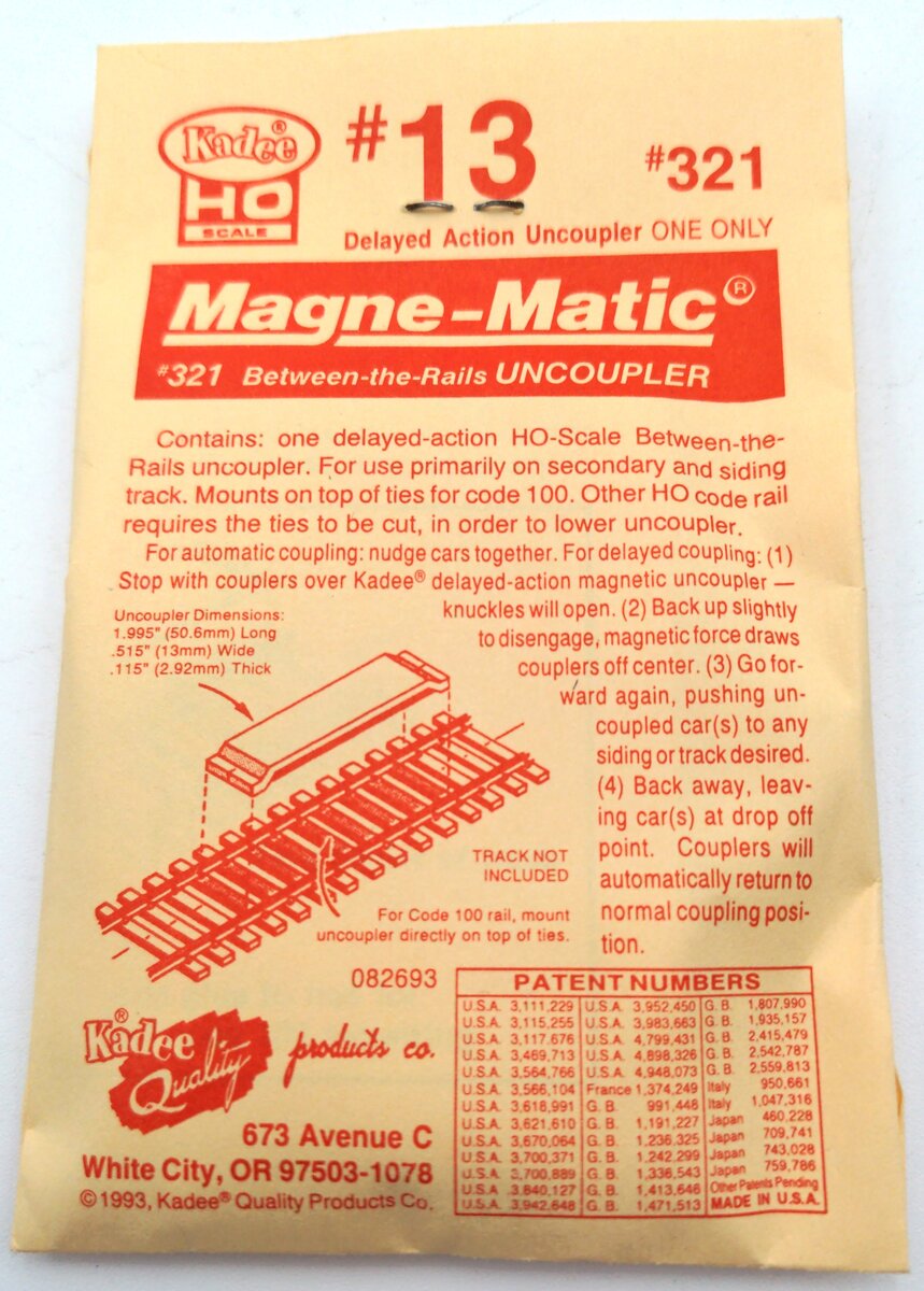 Kadee 13 HO Scale Magne-Matic Uncoupler #321 Between the Rails Uncoupler
