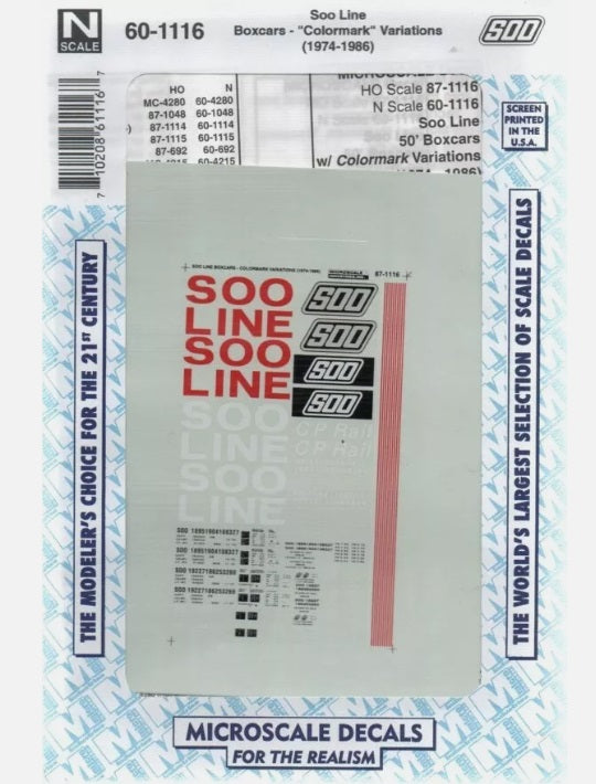 Microscale 60-1116 N Soo Line 50' Box Cars with Colormark Variations Decal Set