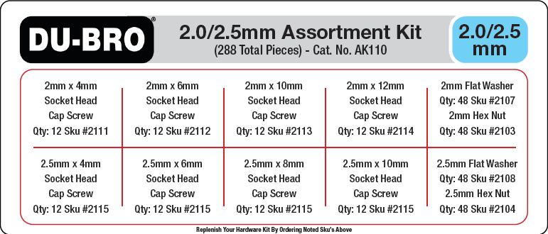 Dubro AK110 2/2.5mm Hardware Hardware Assortment Kit - 288 pieces Total