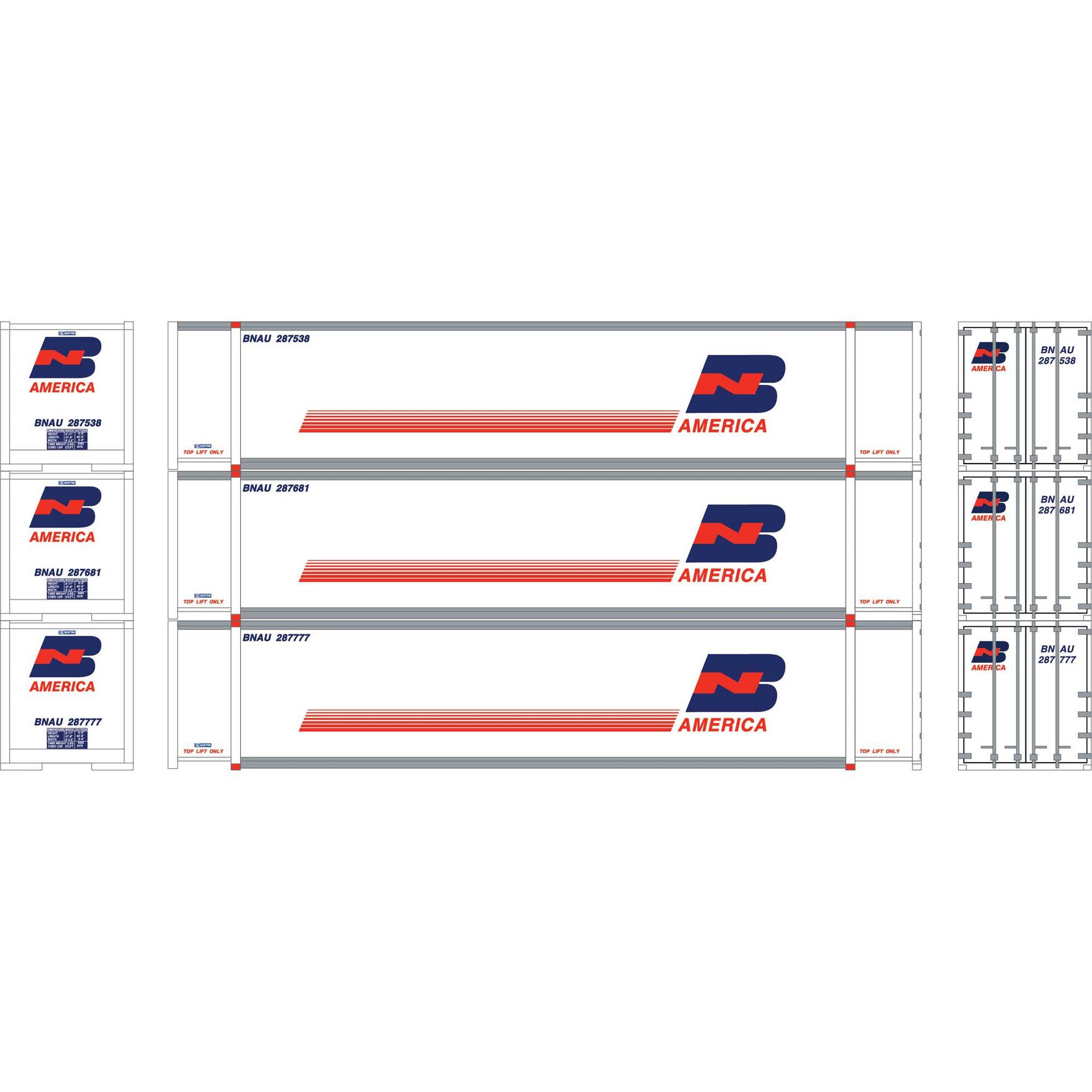 Athearn 19143 HO BNAU 48' Containers #287538, #287681, #287777 (Set of 3)