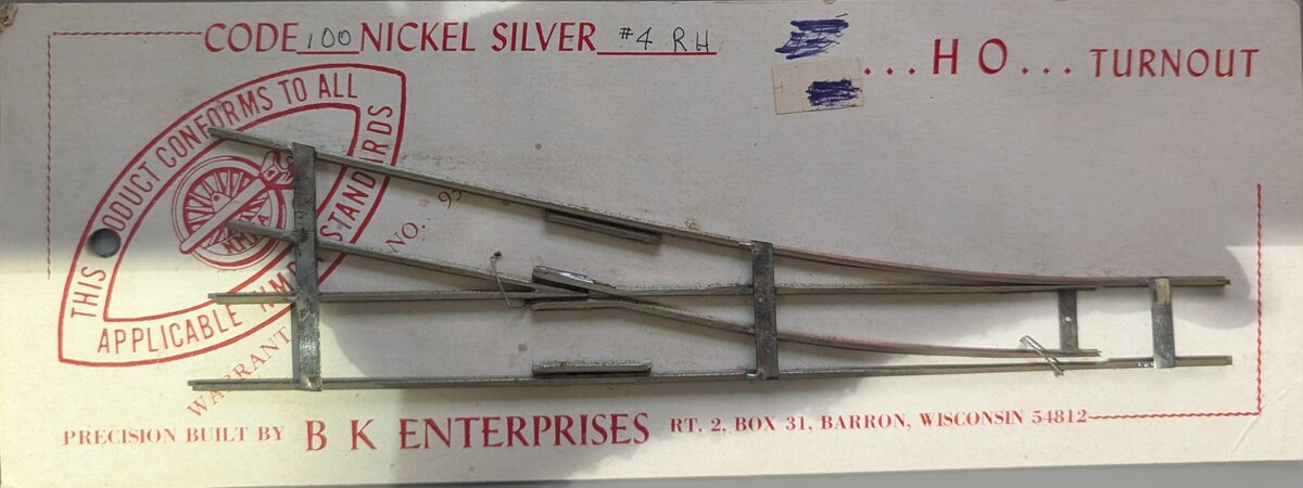 BK Enterprises 93 HO Scale Code 100 #4 Right Hand Nickel Silver Turnout