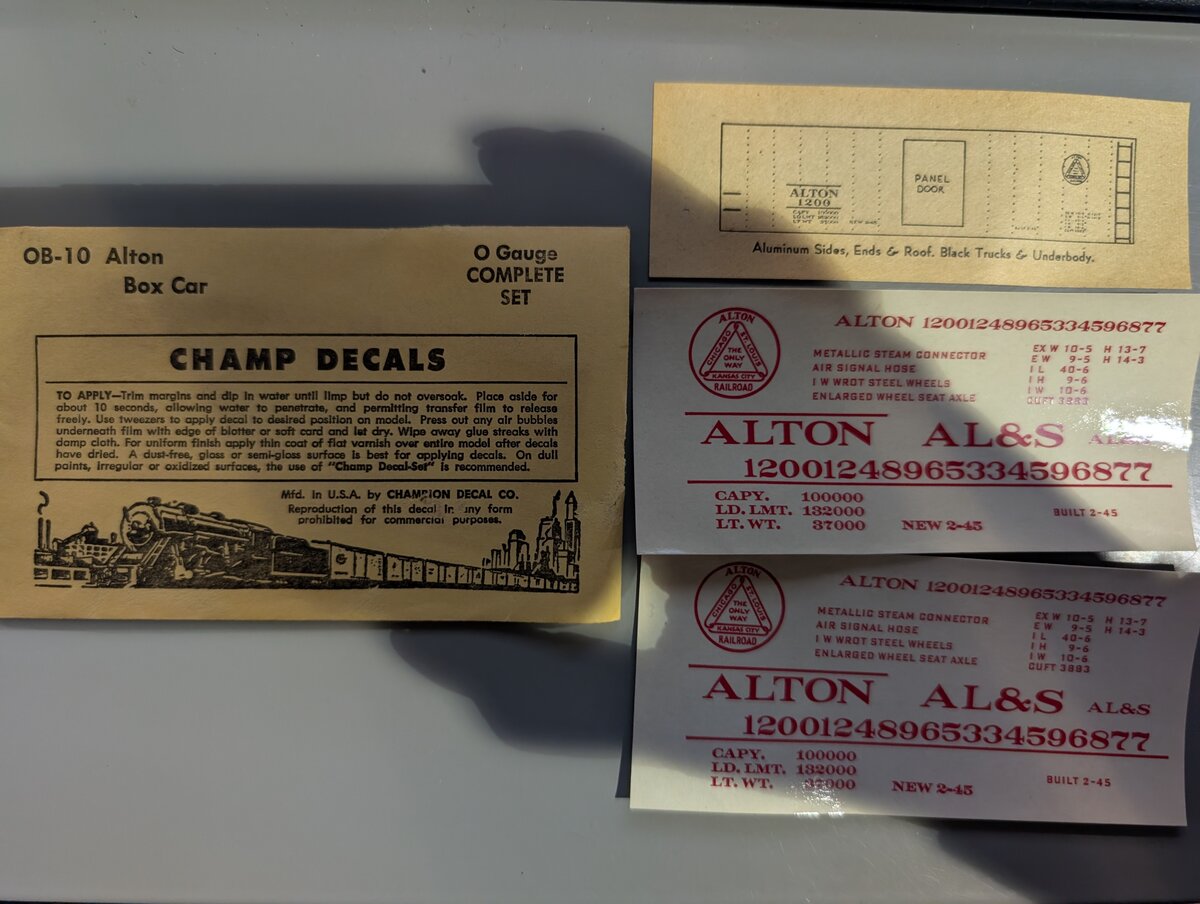 Champ Decals OB-10 O Gauge Alton Box Car Decal Set