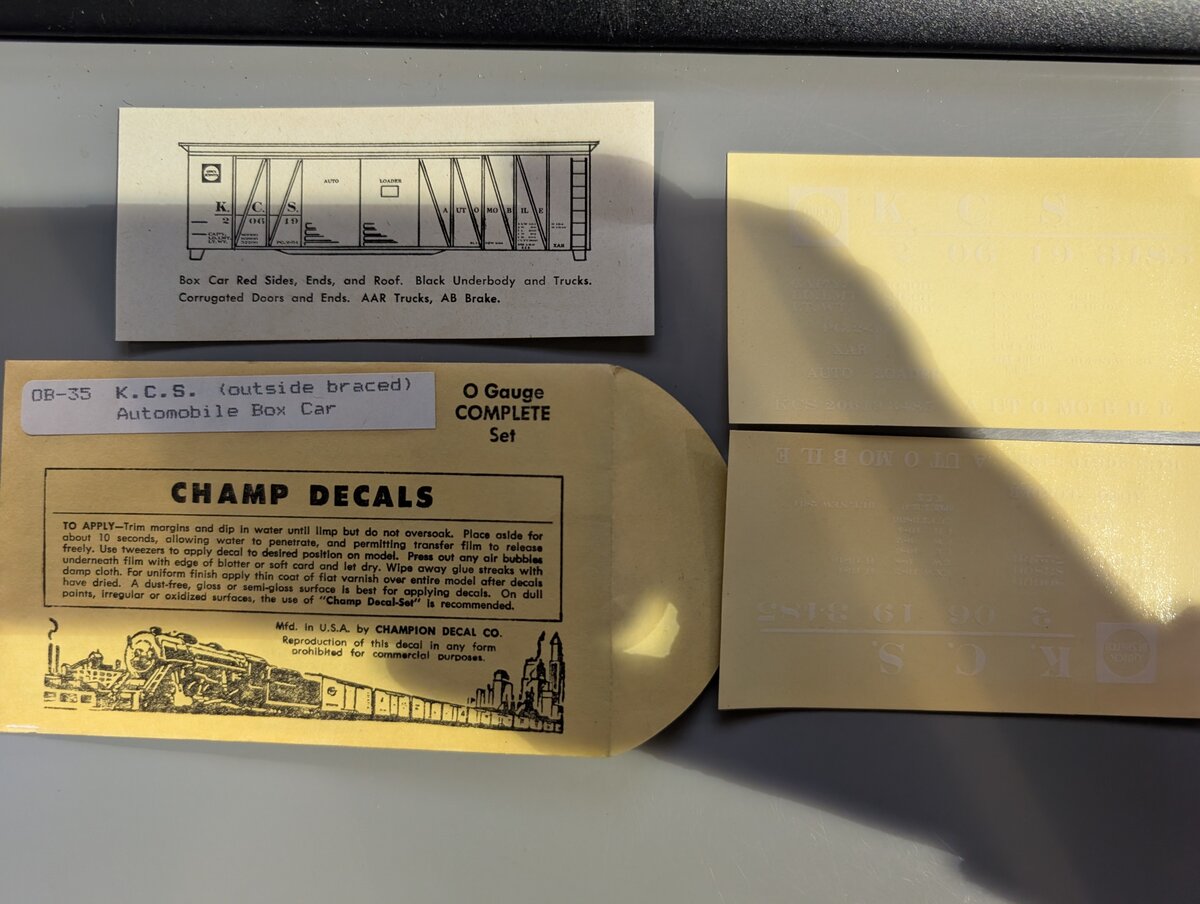 Champ Decals OB-35 O Gauge K.C.S. (Outside Braced) Automobile Box Car Decal Set