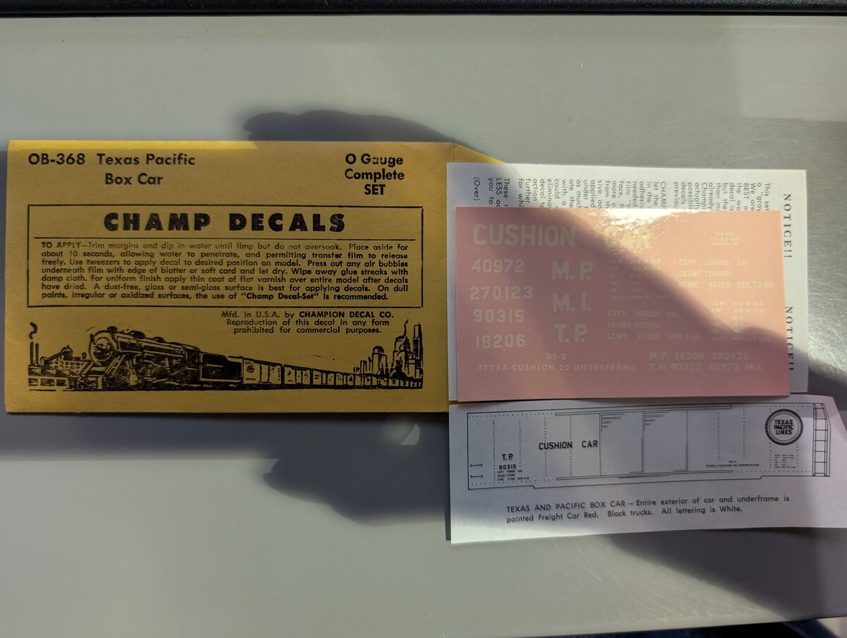 Champ Decals OB-368 O Gauge Texas Pacific Box Car Decal Set