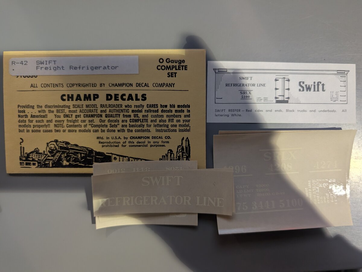 Champ Decals R-42 O Gauge Swift Freight Refrigerator Car Decal Set