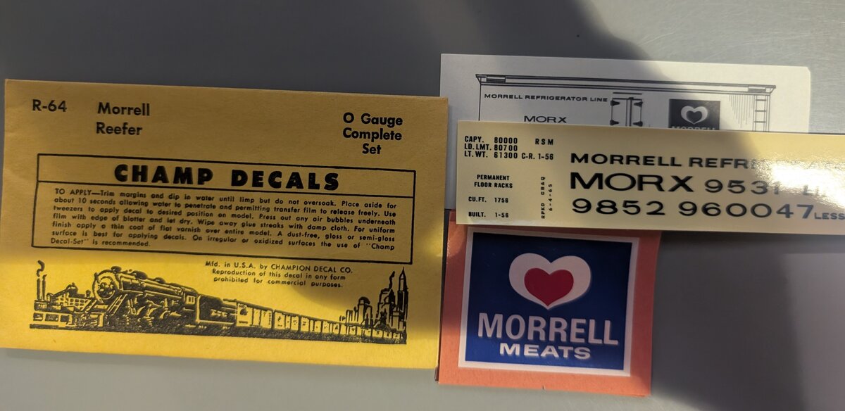 Champ Decals R-64 O Gauge Morrell Reefer Car Decal Set
