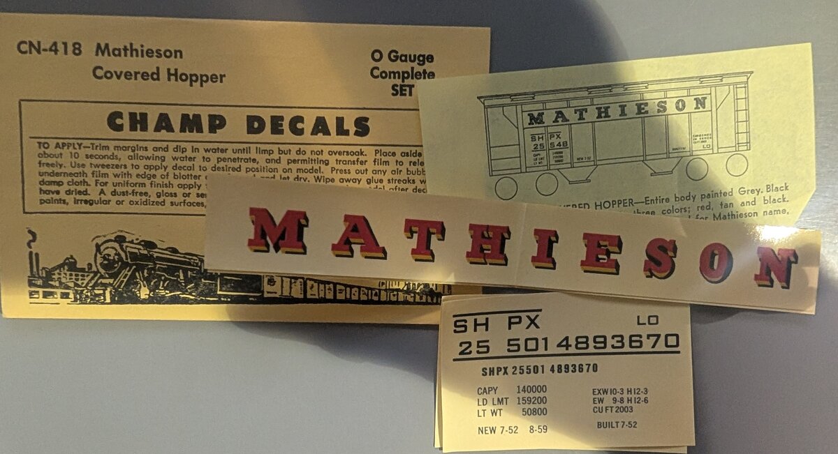 Champ Decals CN-418 O Gauge Mathieson Covered Hopper Car Decal Set