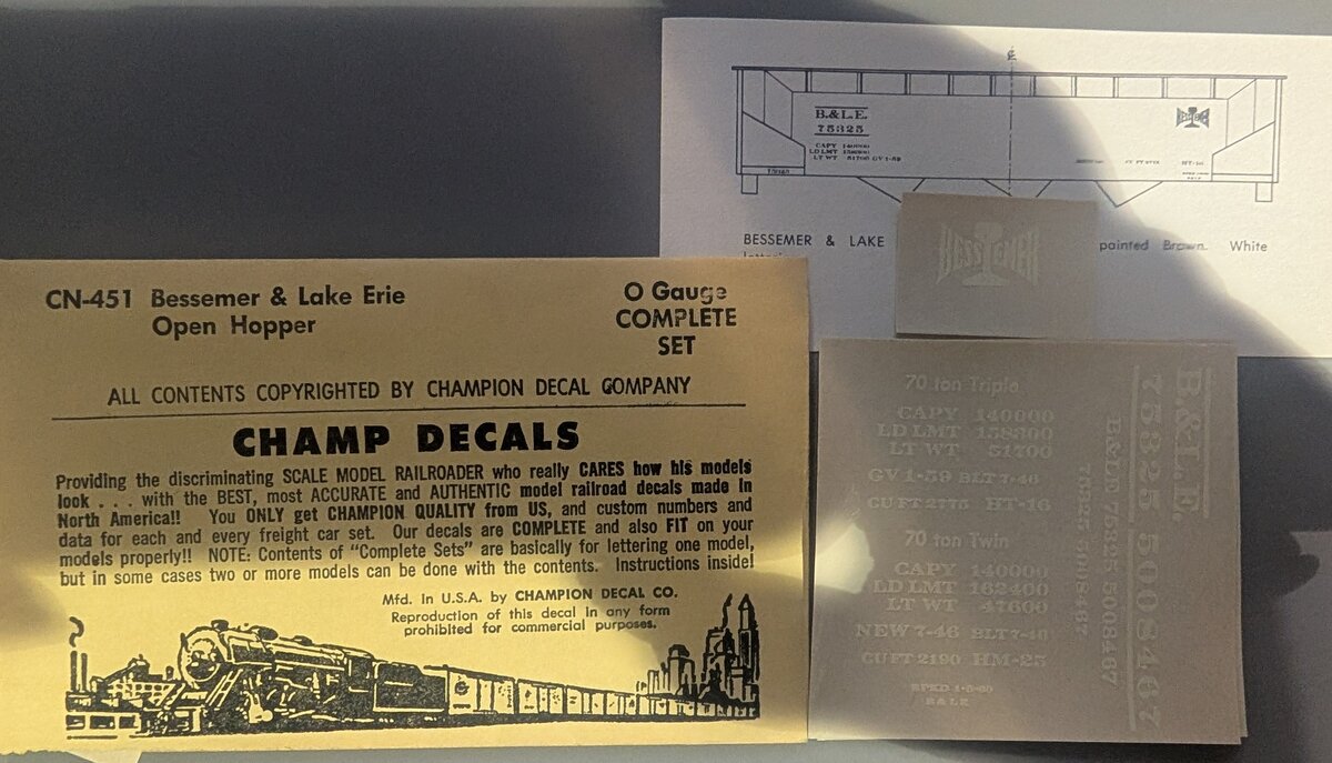 Champ Decals CN-451 O Gauge Bessemer & Lake Erie Open Hopper Car Decal Set