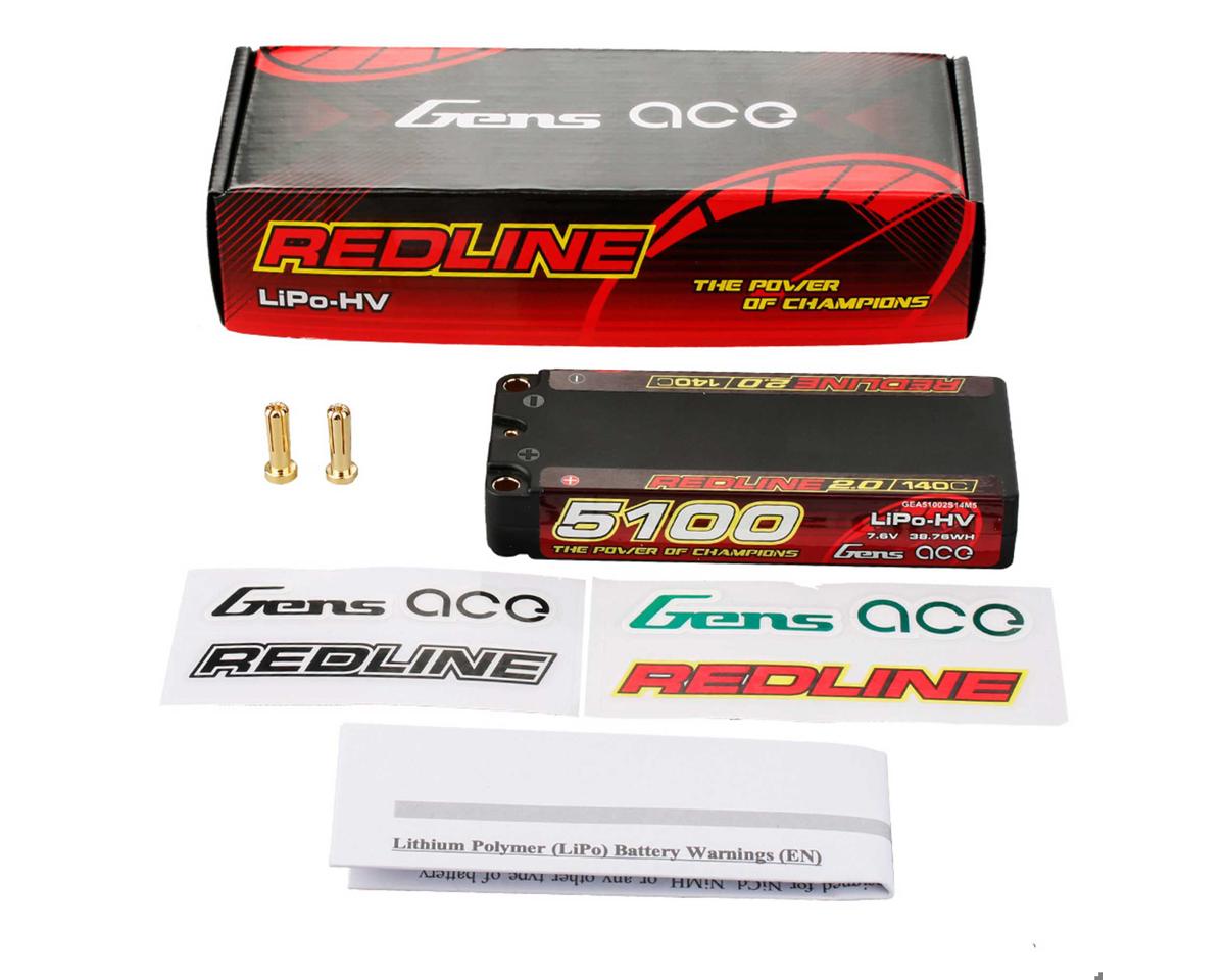 Gens Ace 51002S14M5 Redline 2.0 2S Shory LiHV Battery 140C with 5mm Bullets