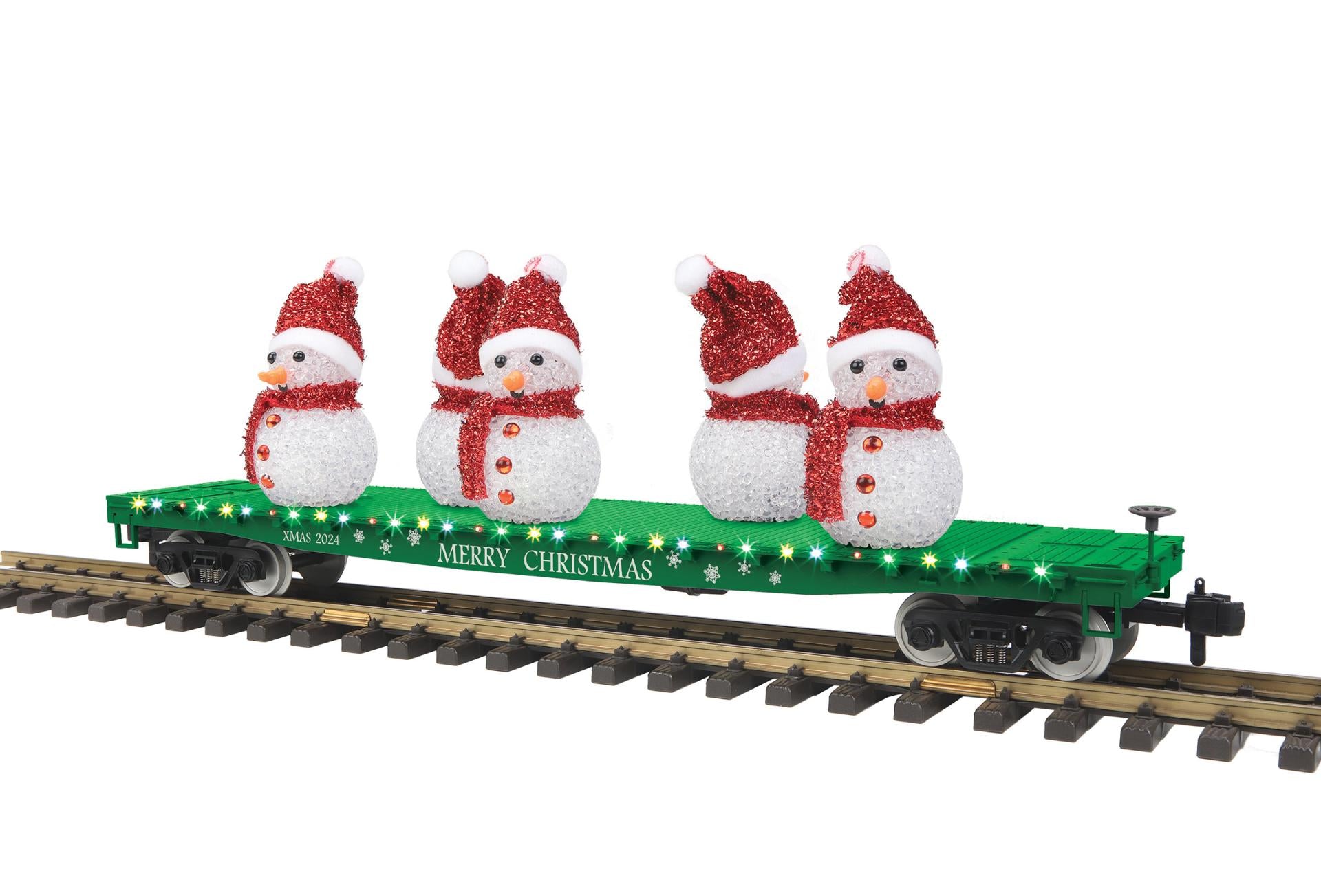 MTH 70-76070 G Christmas RailKing Green Flat Car with Lighted Snowmen #2024 NIB