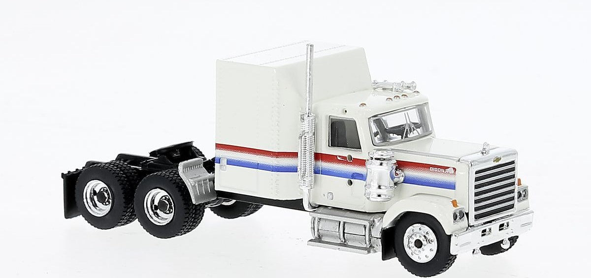 Brekina Automodelle 85783 HO White/Blue/Red 1980 GMC General Sleeper-Cab Tractor