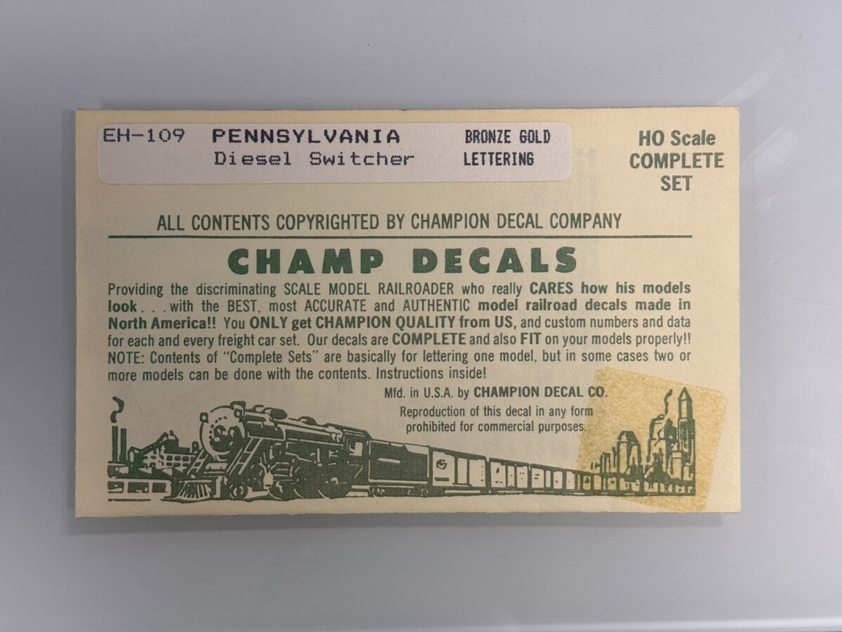Champ Decals EH-109 HO Pennsylvania Diesel Switcher Bronze Gold Lettering Decals