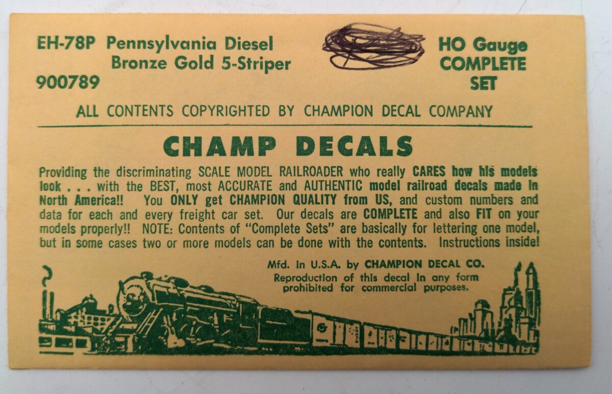 Champ Decals EH-78P HO Pennsylvania EMD, Alco, Baldwin Pass. Diesel Bronze Gold