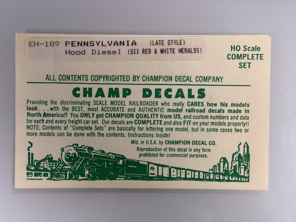 Champ Decals EH-189 HO Pennsylvania Hood Diesel Late Style Decal Set