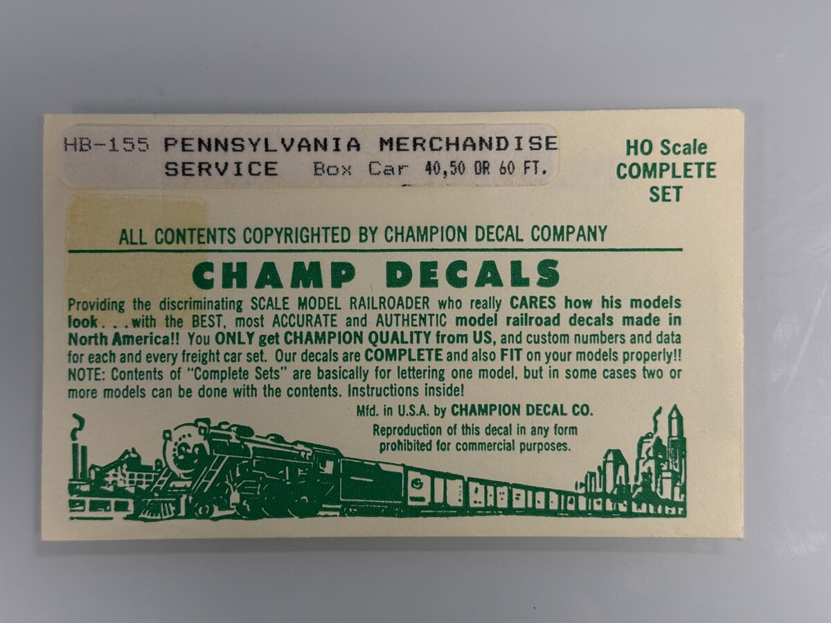 Champ Decals HB-155 HO Pennsylvania Merchandise Service Box Car Decal Set
