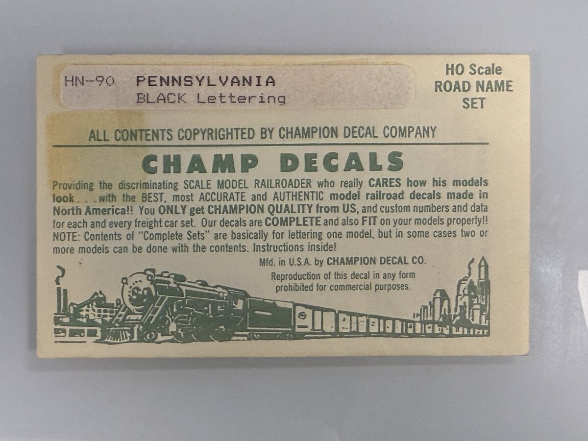 Champ Decals HN-90 HO Pennsylvania Black Lettering Road Name Decal Set