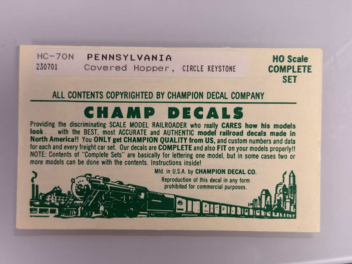 Champ Decals HC-70N HO Pennsylvania Covered Hopper Circle Keystone Decal Set