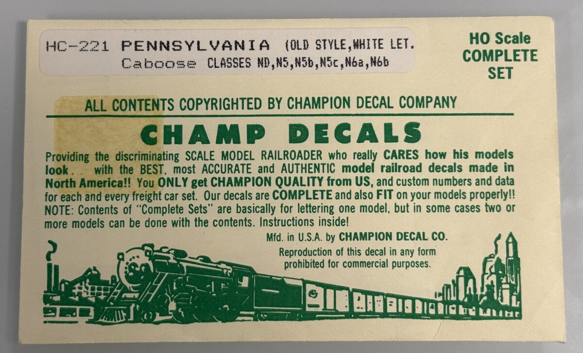 Champ Decals HC-221 HO Pennsylvania (Old Style, White Lettering) Caboose Decals
