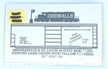 Oddballs Decals 187-184 HO Minneapolis & St. Louis 40' Box Car Yellow Decal Set