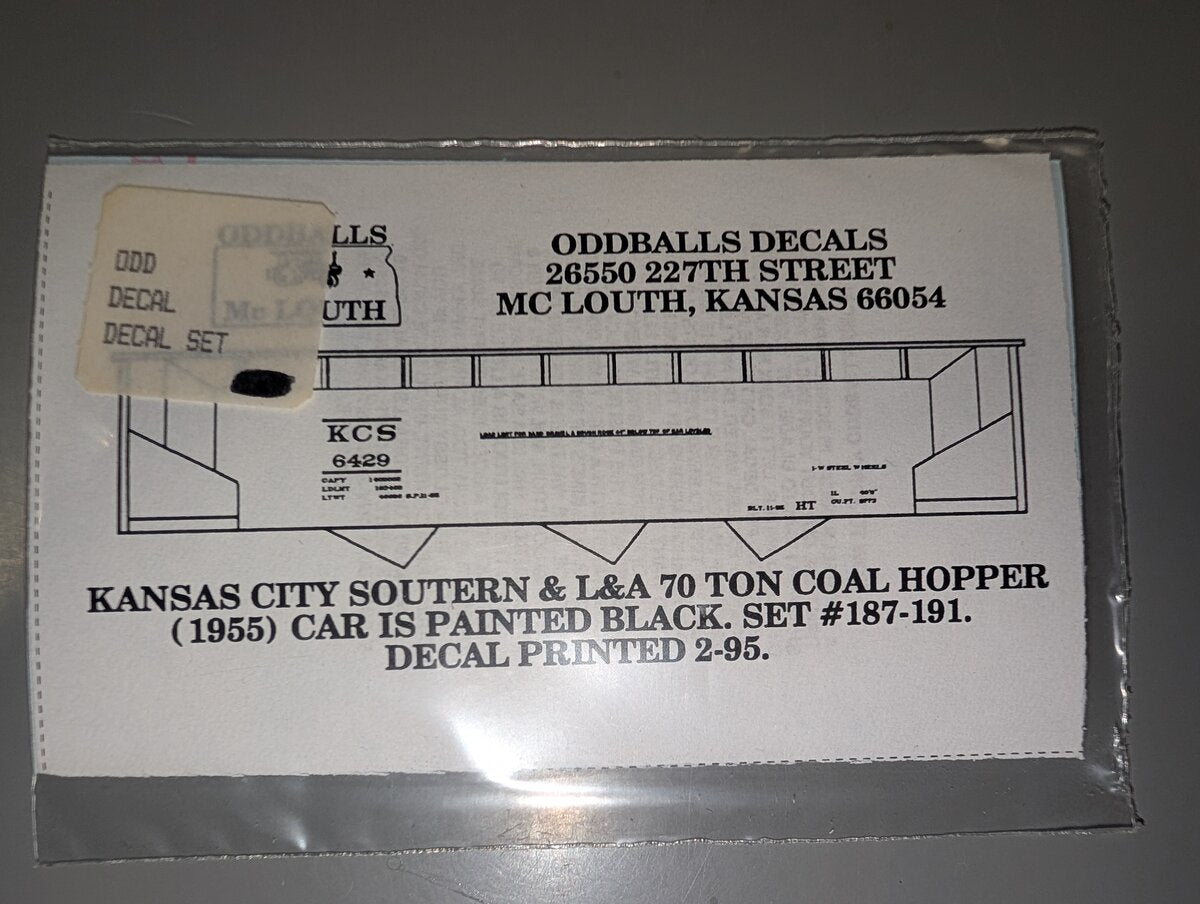 Oddballs Decals 187-191 HO Kansas City Southern & L&A 70 Ton Coal Hopper Decals