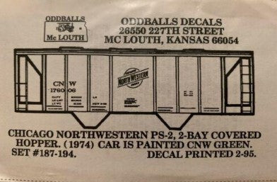 Oddballs Decals 187-194 HO Chicago Northwestern PS-2 2 Bay Covered Hopper Decals