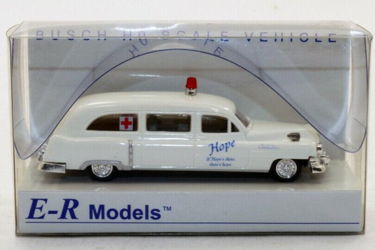 E-R Models 040-92501 HO Scale Busch HOPE Cadillac Ambulance
