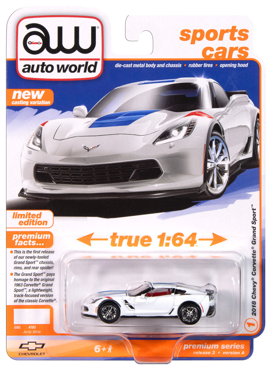 Auto World AWSP176-A-CASE 1:64 White 2018 Chevy Corvette Grand Sport (Pack of 6)