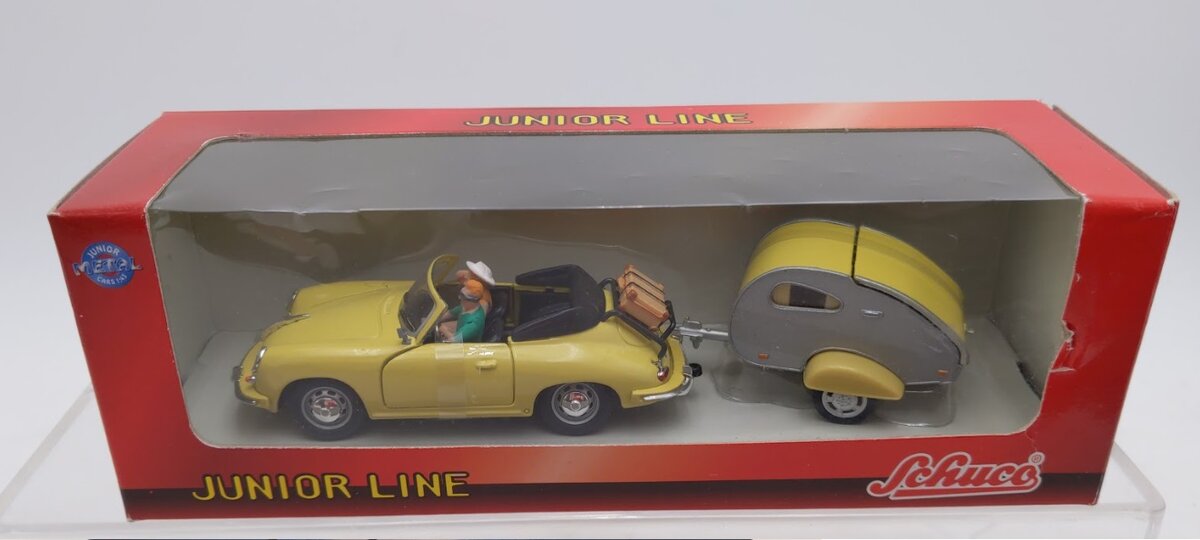 Schuco 27013 1:43 Scale Junior Line Porsche 356 Cabriolet W/People & Camper
