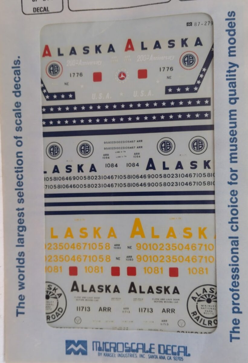 Microscale 87-279 HO Alaska Railroad Cabooses 1970's - 1980's Decal Sheet