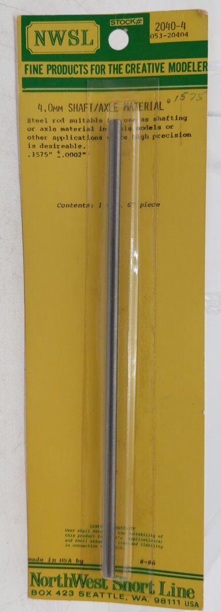 NWSL 2040-4 HO Scale 4.0 mm x 6" Steel Shaft Or Axle Material