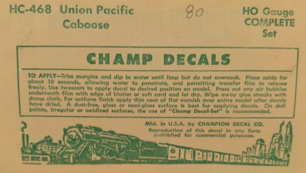 Champ Decals HC-468 HO Scale Union Pacific UP Caboose Complete Set