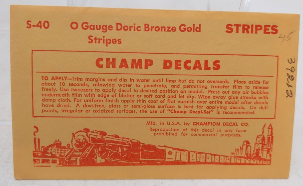 Champ Decals S-40 O Gauge Doric Bronze Gold Stripes