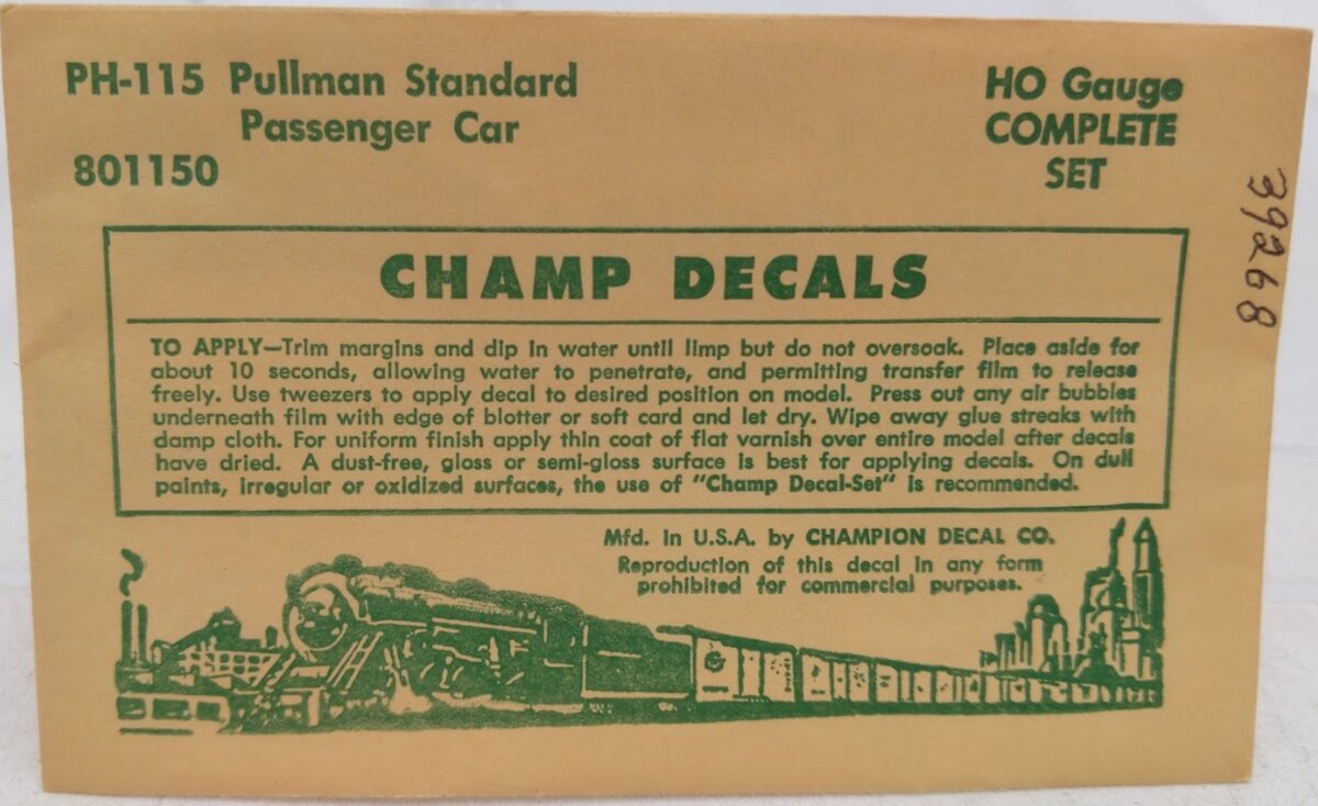 Champ Decals PH-115 HO Scale Pullman Standard Passenger Car Complete Set
