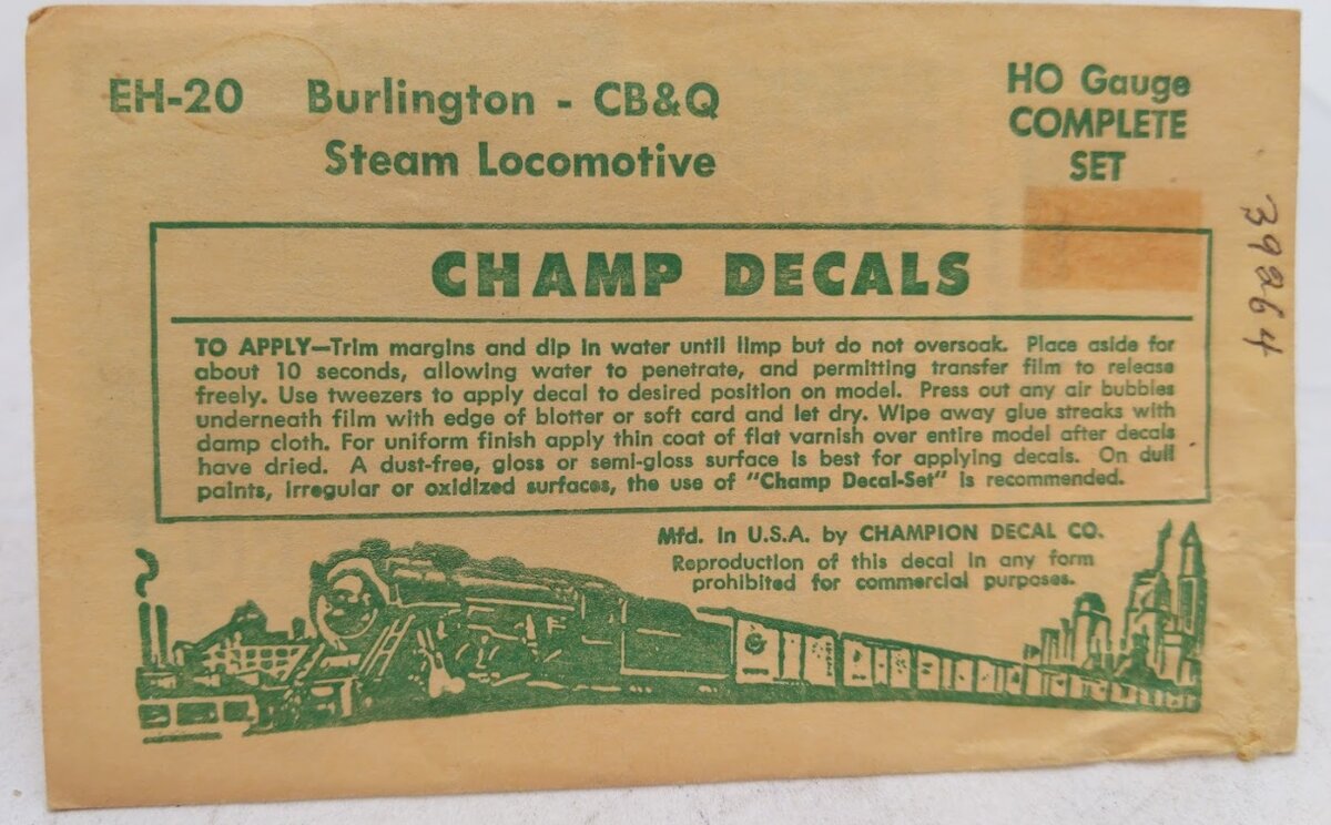 Champ Decals EH-20 HO Scale Burlington CB&Q Steam Locomotive Complete Set