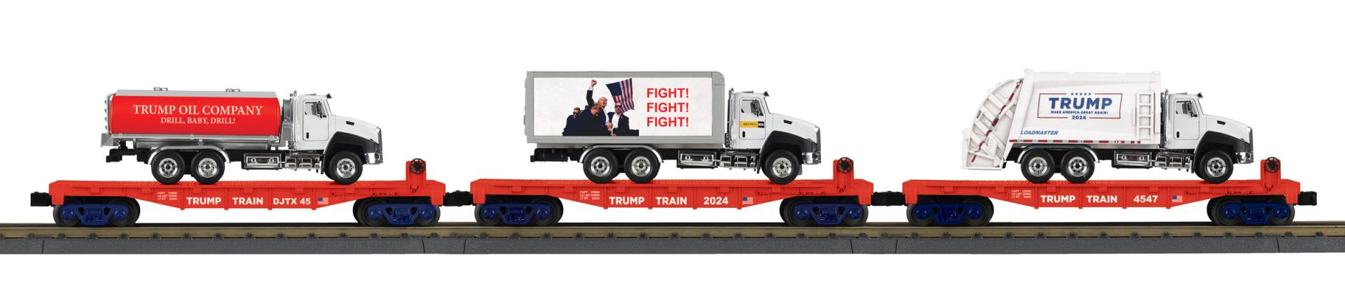 MTH 30-70150 O Donald J. Trump RailKing Flat Car with Truck Load (Set of 3)