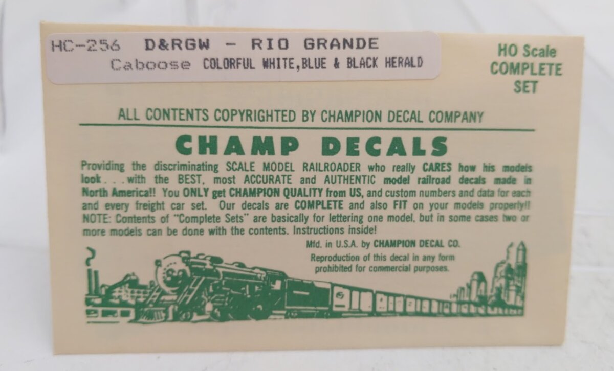 Champ Decals HC-256 HO White/Blue & Black DRG&W Rio Grande Caboose Complete Set