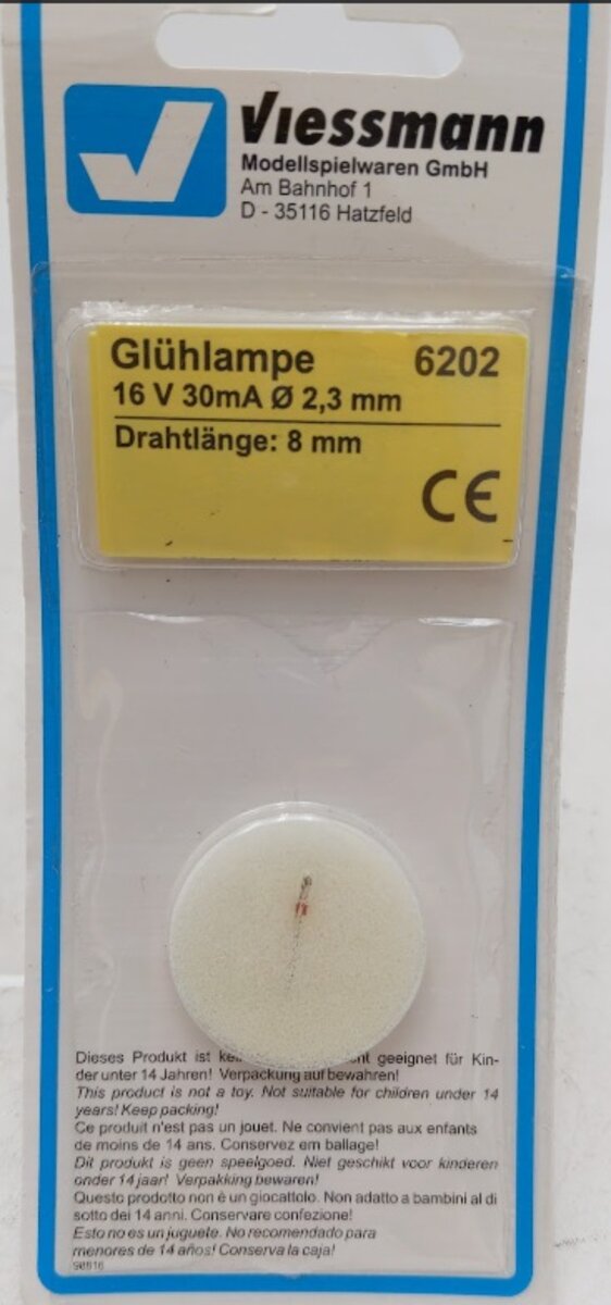 Viessmann 6202 Incandescent Lamp 16 V 30mA 2,3 mm Wire Length