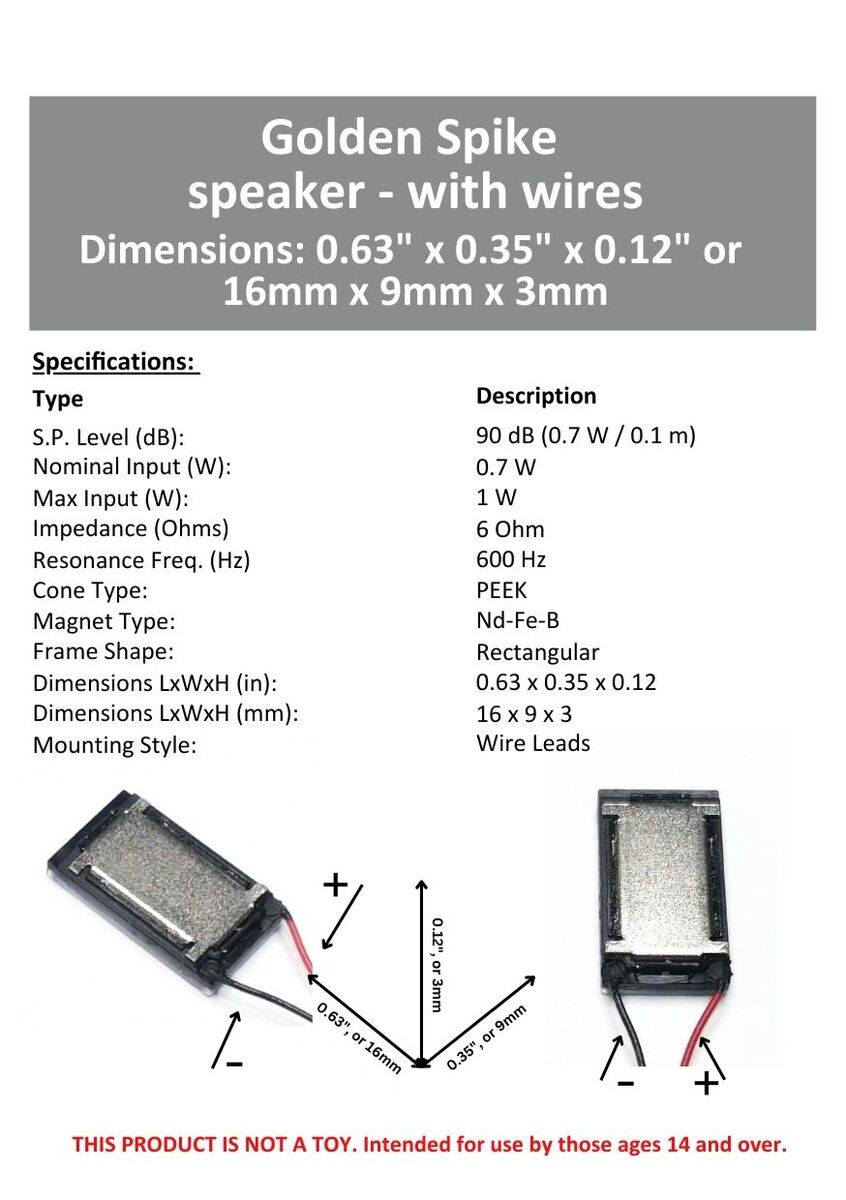 Golden Spike GS16093W 16 x 9 x 3 mm 6 Ohm Speaker - No Baffle with Wires