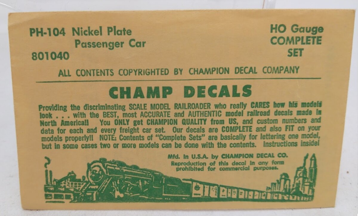 Champ Decals PH-104 HO Scale Nickel Plate Passenger Car Decals