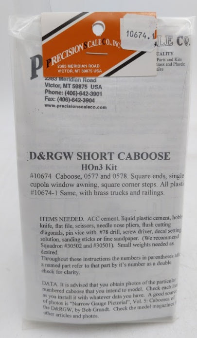 Precision Scale Co. 10674.1 HOn3 Denver & Rio Grande Western Short Caboose Kit