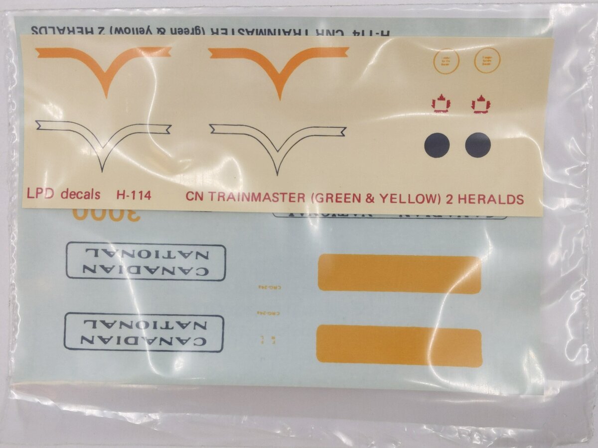 Launch Pad Distributors H-114 CN Trainmaster Gr & Yw Heralds LPD Decals