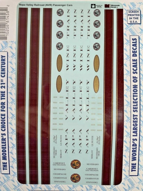 Microscale 87-1458 HO Napa Valley Railroad NVR Passenger Cars Decal Sheet