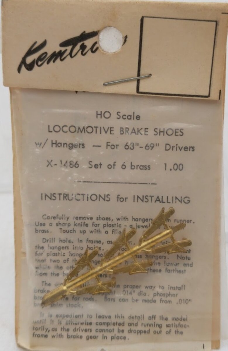 Cal Scale X-1486 HO Locomotive Brake Shoes W/Hangers for 63"-69" Drivers Brass