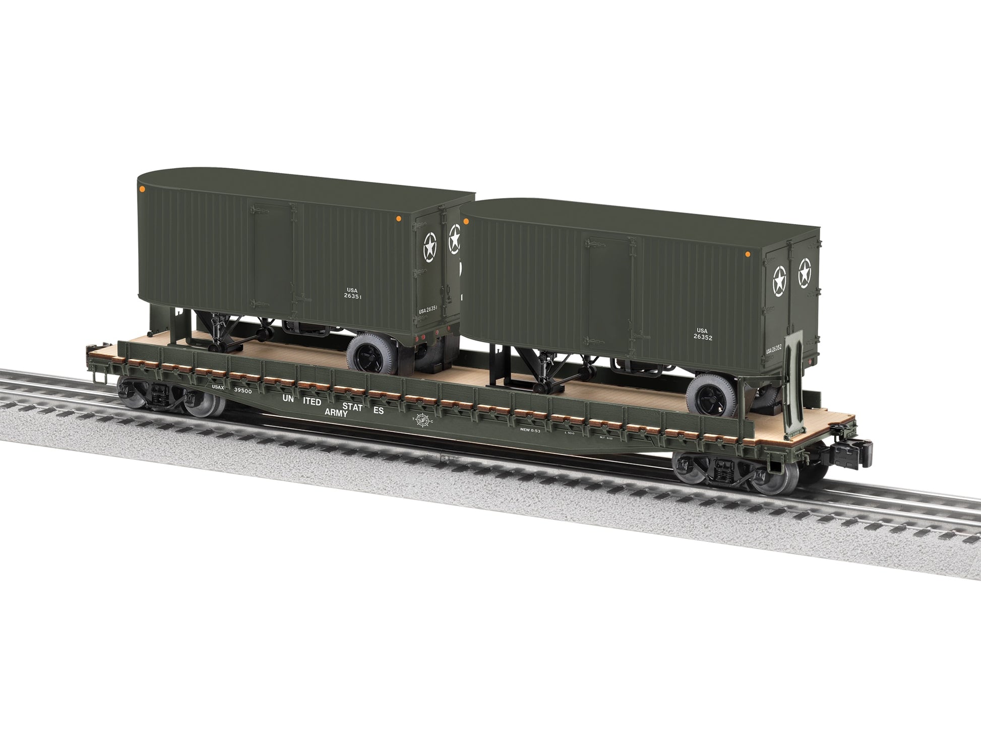 Lionel 2526350 O US Army TOFC Flatcar with 2 Trailers #39500