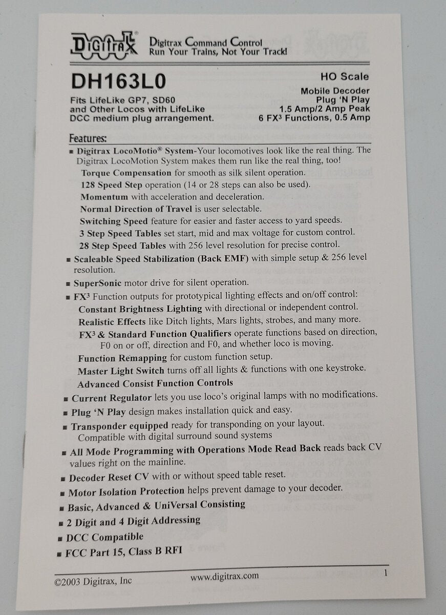 Digitrax DH163LO 1.5-Amp Digital Command Control Mobile Decoder Instructions